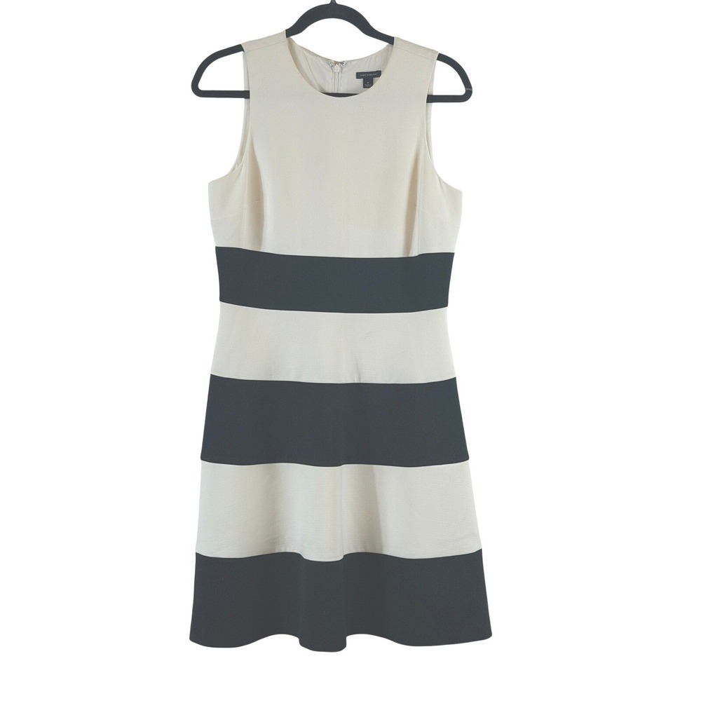 Ann Taylor Fit Flare Dress Sz 6 Cream Black Striped Sleeveless Mod Career